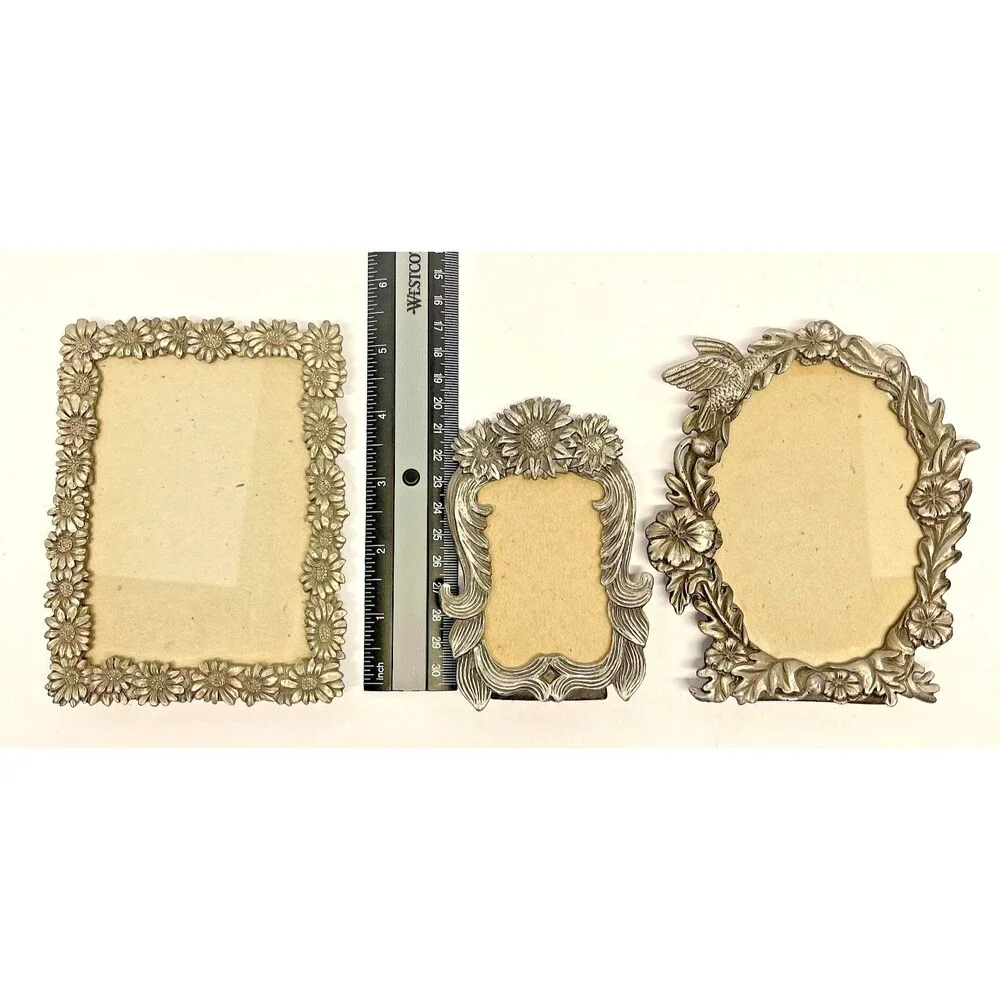 Set of 3 Pewter Tone Floral Picture Frames–SUN & Oval Hummingbird-Cottage decor